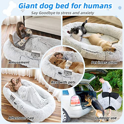 WROS Human Dog Bed, 71"x45"x12" Dog Beds for Humans Size Fits You and Pets, Washable Faux Fur Human Dog Bed for People Doze Off, Napping Orthopedic Dog Bed, Present Plump Pillow, Blanket, Strap - Grey