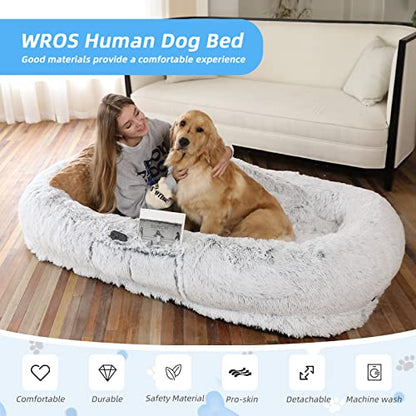 WROS Human Dog Bed, 71"x45"x12" Dog Beds for Humans Size Fits You and Pets, Washable Faux Fur Human Dog Bed for People Doze Off, Napping Orthopedic Dog Bed, Present Plump Pillow, Blanket, Strap - Grey