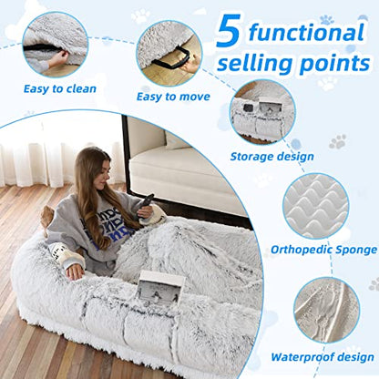 WROS Human Dog Bed, 71"x45"x12" Dog Beds for Humans Size Fits You and Pets, Washable Faux Fur Human Dog Bed for People Doze Off, Napping Orthopedic Dog Bed, Present Plump Pillow, Blanket, Strap - Grey