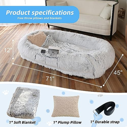 WROS Human Dog Bed, 71"x45"x12" Dog Beds for Humans Size Fits You and Pets, Washable Faux Fur Human Dog Bed for People Doze Off, Napping Orthopedic Dog Bed, Present Plump Pillow, Blanket, Strap - Grey
