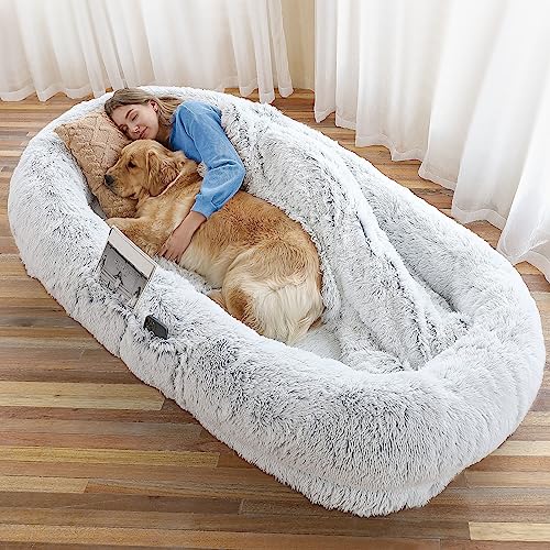 WROS Human Dog Bed, 71"x45"x12" Dog Beds for Humans Size Fits You and Pets, Washable Faux Fur Human Dog Bed for People Doze Off, Napping Orthopedic Dog Bed, Present Plump Pillow, Blanket, Strap - Grey